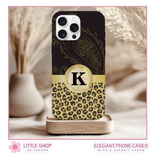 Elegante zwarte goud luipaardprint monogram iPhone 15 case