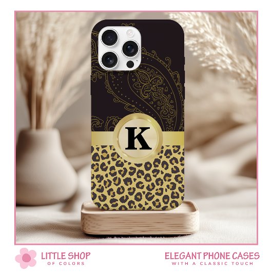 Elegante zwarte goud luipaardprint monogram Case-Mate iPhone case