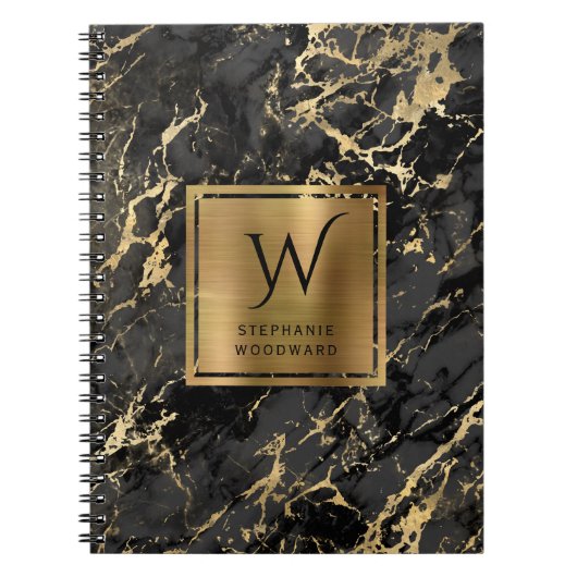 Elegante Zwarte Goud Marmer Monogram Notitieboek (Voorkant)