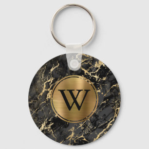 Elegante Zwarte Goud Marmer Monogram Sleutelhanger