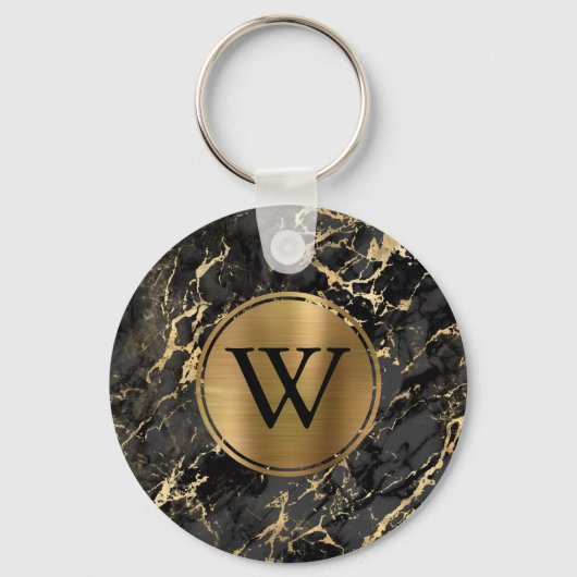 Elegante Zwarte Goud Marmer Monogram Sleutelhanger (Voorkant)
