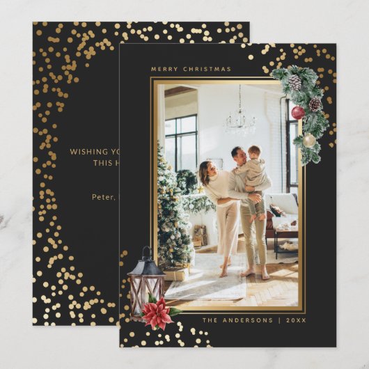 Elegante Zwarte Goud Waterverf Foto Kerstmis Feestdagenkaart (Voorkant / Achterkant)