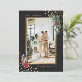 Elegante Zwarte Goud Waterverf Foto Kerstmis Feestdagenkaart (Staand voorkant)
