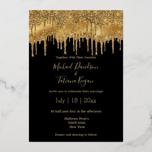 elegante zwarte gouddruppelaar folie uitnodiging (Voorkant)