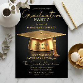 Elegante zwarte & gouden 3D afstudeerhoed afstudee Kaart