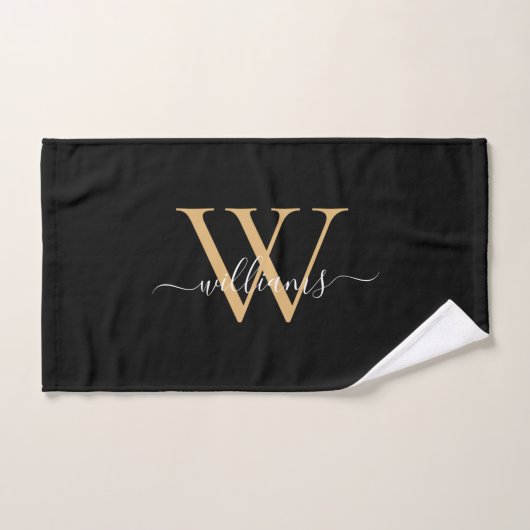 Elegante Zwarte Gouden Aangepaste Monogram Script Handdoek (Handdoek)