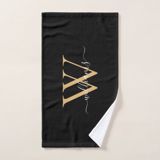 Elegante Zwarte Gouden Aangepaste Monogram Script  Handdoek (Handdoek)