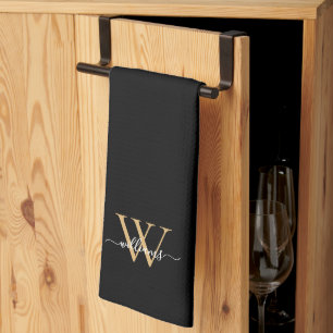 Elegante Zwarte Gouden Aangepaste Monogram Script Theedoek