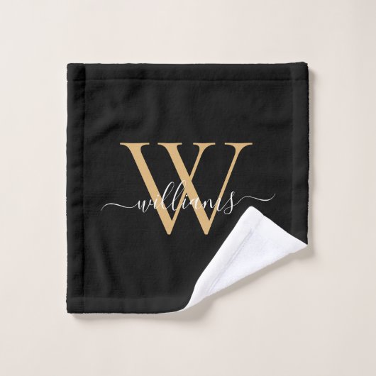 Elegante Zwarte Gouden Aangepaste Monogram Script Washandje (Wasdoekje)