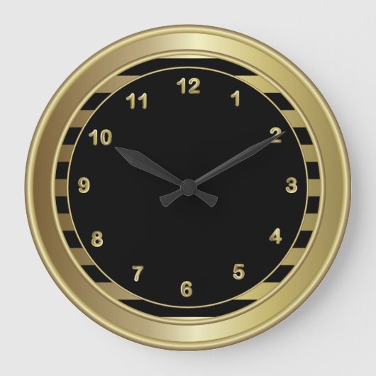 Elegante Zwarte & Gouden Aantallen en Strepen Grote Klok (Voorkant)
