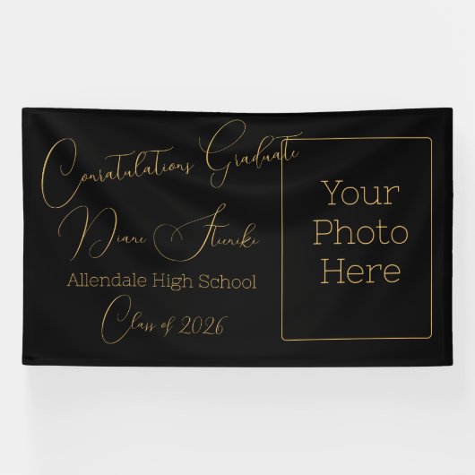 Elegante Zwarte & Gouden Afstudeerfeest Spandoek (Horizontaal)