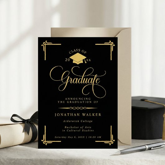 Elegante Zwarte Gouden Afstuderen Aankondiging