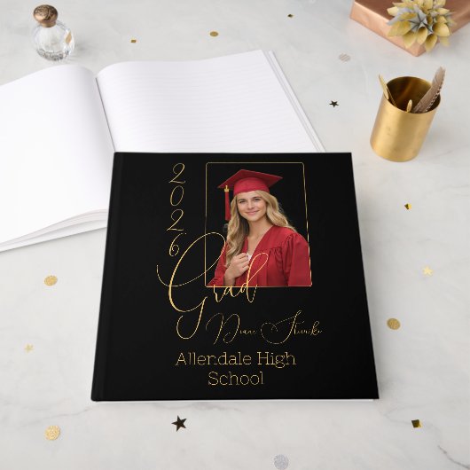 Elegante zwarte & gouden afstuderen gastenboek (Voorkant open)