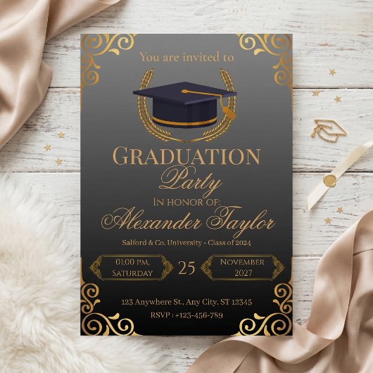 Elegante Zwarte & Gouden Afstuderen Kaart