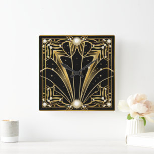 Elegante zwarte gouden Art Deco parels Vierkante Klok
