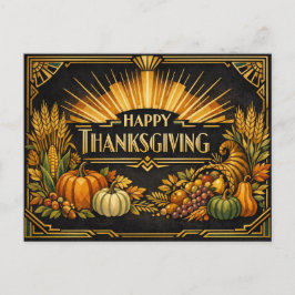 Elegante Zwarte Gouden Art Deco Thanksgiving Oogst Feestdagenkaart