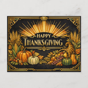 Elegante Zwarte Gouden Art Deco Thanksgiving Oogst Feestdagenkaart