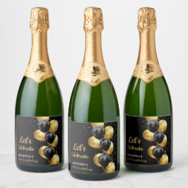 Elegante zwarte gouden ballon Chic verjaardag Sparkling Wijnetiket