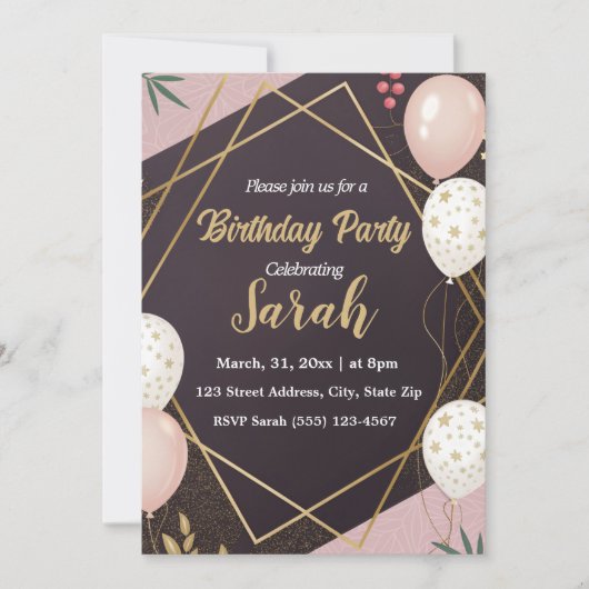 Elegante zwarte gouden ballon roze verjaardag kaart (Voorkant)