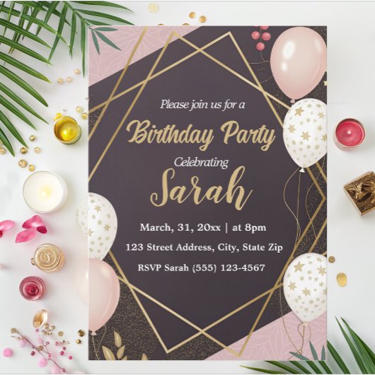 Elegante zwarte gouden ballon roze verjaardag kaart