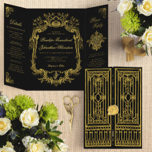 Elegante Zwarte Gouden Barokke Poort Sprookjeshuwe Drieluik Uitnodiging