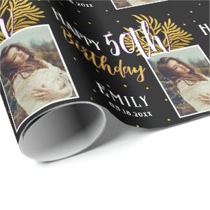 Elegante zwarte gouden blad 50ste verjaardag cadeaupapier