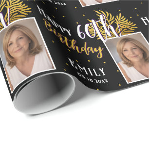 Elegante zwarte gouden blad 60ste verjaardag cadeaupapier