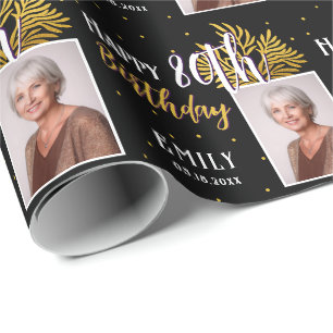 Elegante zwarte gouden blad 80ste verjaardag cadeaupapier