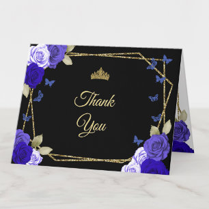 Elegante Zwarte Gouden Blauwe Rozen Quinceanera Bedankkaart