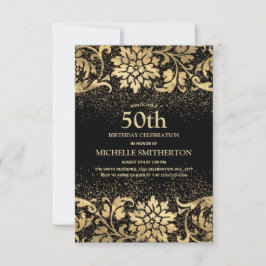 Elegante Zwarte Gouden Bloem Glitter 50e Verjaarda Kaart