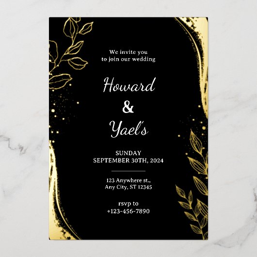 Elegante zwarte gouden bloem | Leaf Design Wedding Folie Uitnodiging (Voorkant)