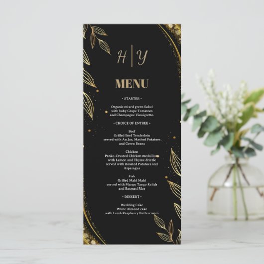 Elegante zwarte gouden bloem | Leaf Design Wedding Menu (Staand voorkant)