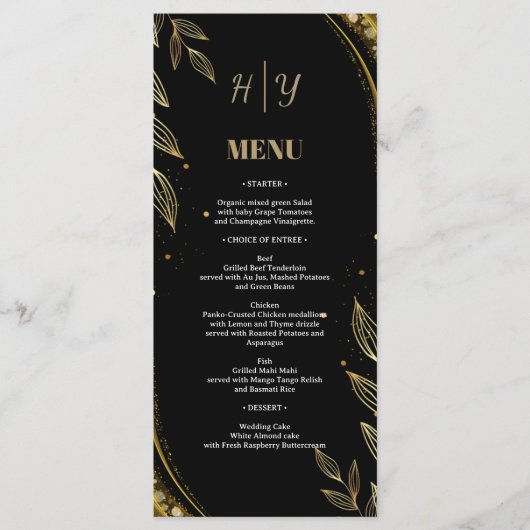 Elegante zwarte gouden bloem | Leaf Design Wedding Menu (Voorkant)