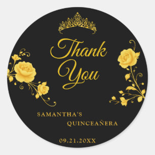 Elegante Zwarte Gouden Bloem Quinceañera Bedankt  Ronde Sticker