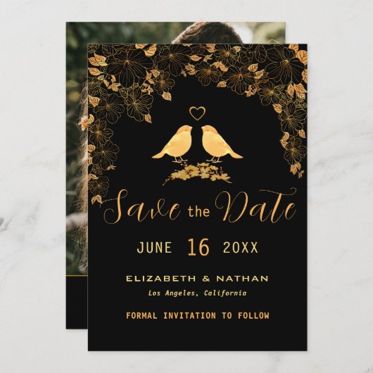 Elegante Zwarte & Gouden Bloem Vogels Aangepaste F Save The Date (Voorkant / Achterkant)