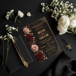 Elegante zwarte & gouden bloemen-huwelijksuitnodig kaart
