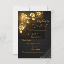 Elegante zwarte & gouden bloemen RSVP kaart |