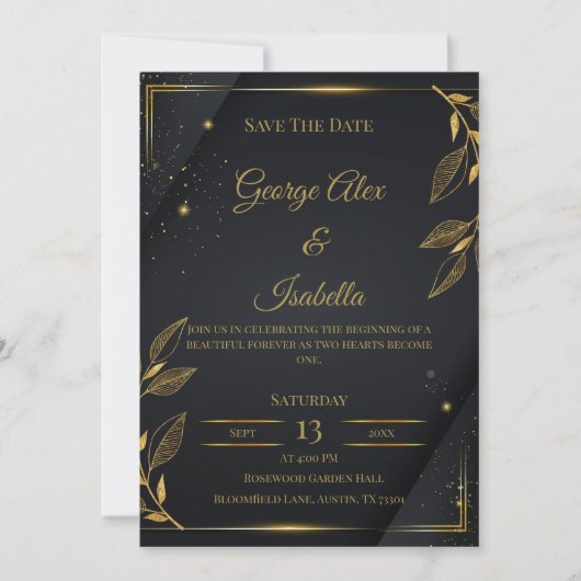 Elegante zwarte & gouden bloemen save-the-datekaar save the date (Voorkant)