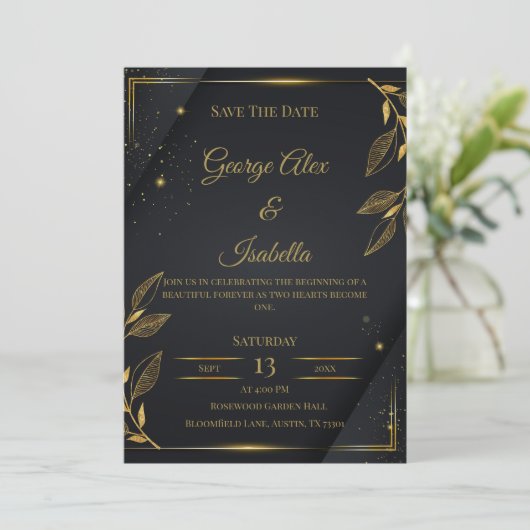 Elegante zwarte & gouden bloemen save-the-datekaar save the date (Staand voorkant)