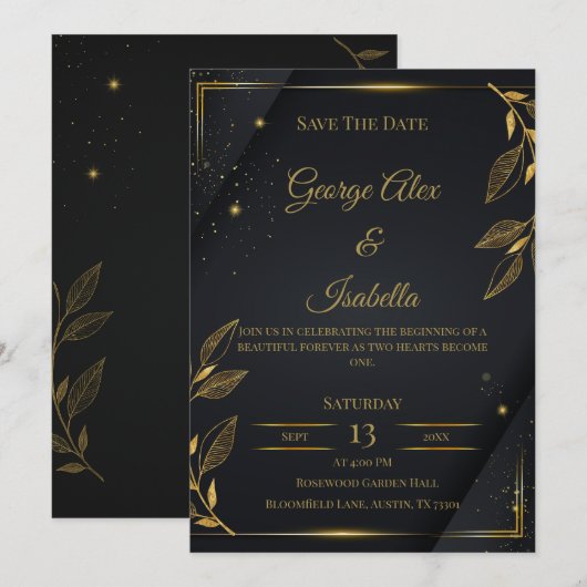 Elegante zwarte & gouden bloemen save-the-datekaar save the date (Voorkant / Achterkant)