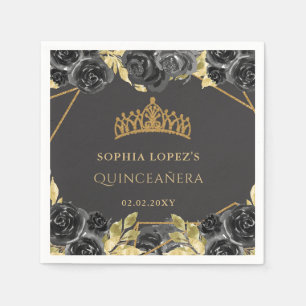 Elegante zwarte gouden bloemenkroon Quinceanera Servet