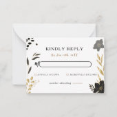 Elegante Zwarte Gouden Bloemige Bruiloft RSVP Notitiekaartje (Voorkant)