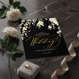 Elegante zwarte & gouden bloemige waterverf bruilo kaart