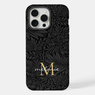 Elegante zwarte gouden bloemrijke script monogram iPhone 15 pro max case