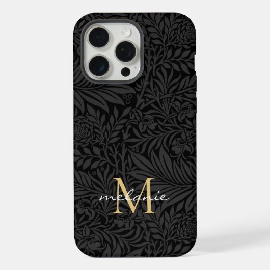 Elegante zwarte gouden bloemrijke script monogram iPhone hoesje (Achterkant)