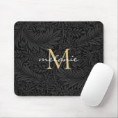 Elegante zwarte gouden bloemrijke script monogram muismat (Met muis)
