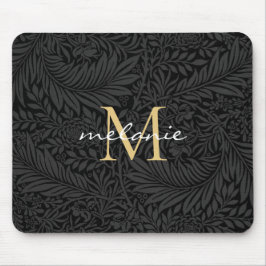 Elegante zwarte gouden bloemrijke script monogram muismat