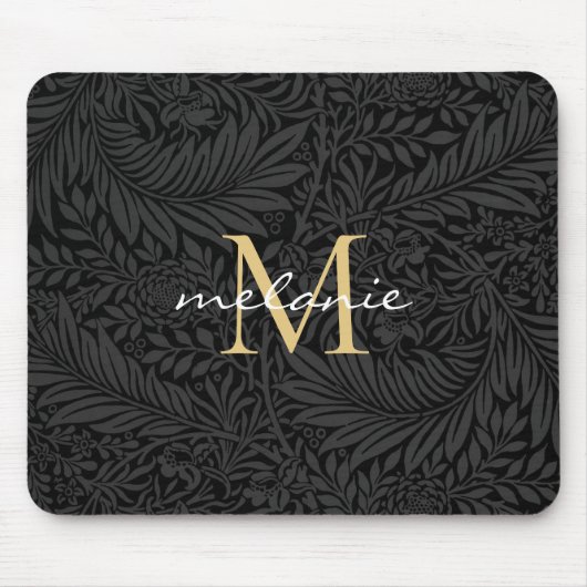 Elegante zwarte gouden bloemrijke script monogram muismat (Voorkant)