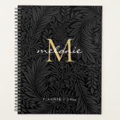 Elegante Zwarte Gouden Bloemrijke Script Monogram  Planner (Voorkant)