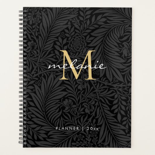 Elegante Zwarte Gouden Bloemrijke Script Monogram Planner (Voorkant)